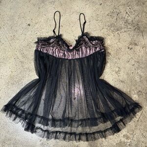 Victorias secret sheer pink and  black lace and ruffle babydoll size M minidress